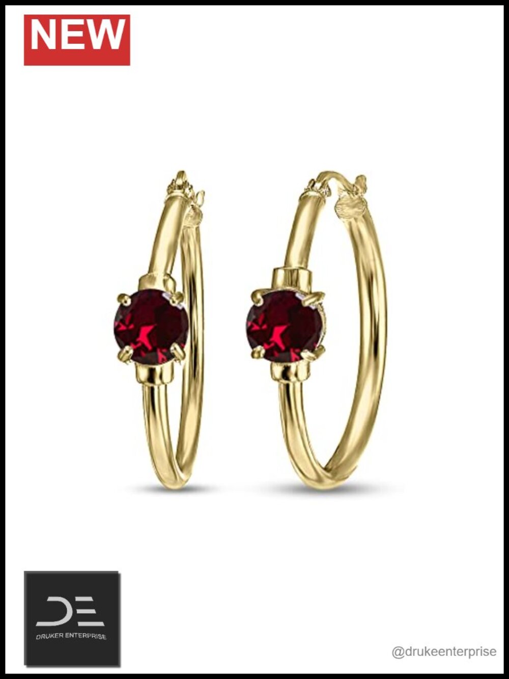 Sterling Silver Hoop Earrings Synthetic Ruby Gemstone Post Snap Down